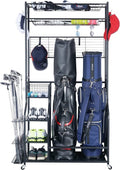 Mythinglogic Golf Bag Storage Organizer - 2-Bag Stand with 4 Removable Hooks | Golf Equipment Rack