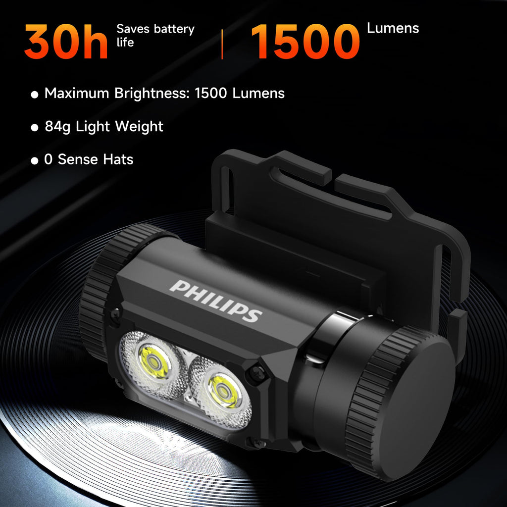 Philips SFL3255 LED Headlamp Rechargeable,1500 Lumens Super Bright Aluminium Magnetic Attraction Head Light Flashlight,Adults-Camping Accessories Gear,5 Modes for Outdoor Setting,USB Cable Included