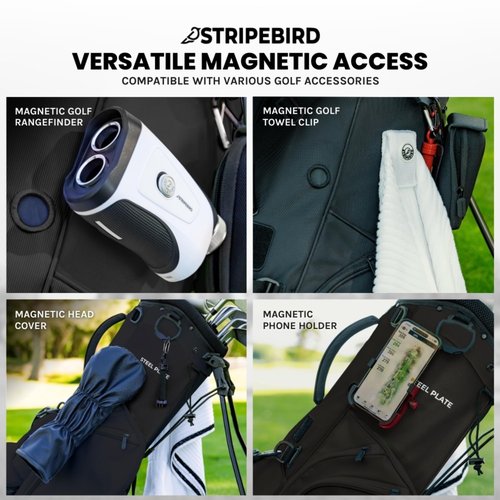 Stripebird Golf Stand Bag with Hub for Magnets (Black) - 4 Way Full-Length Dividers Golf Club Bag - 5 Pockets - Flexfit Rotatable & Adjustable Dual Straps - Rain Hood - Lightweight Golf Bag Stand