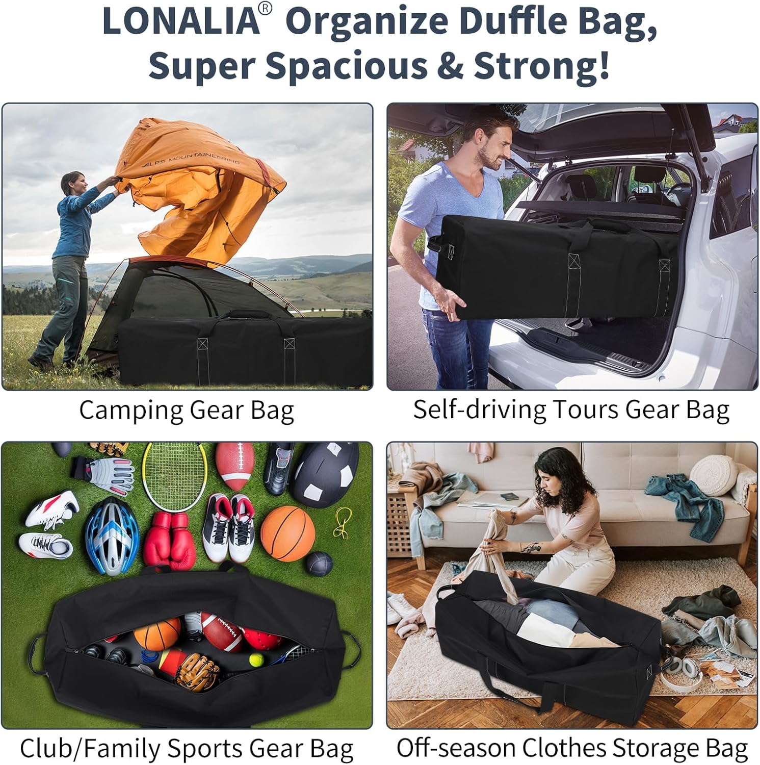 Skiennix 48 Inch Duffle Bag - Extra Large 165L Heavy Duty Travel & Camping Storage Bag | Black