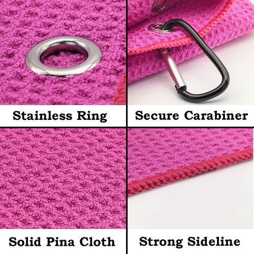 HYYPME 2 Pack Tri-Fold Microfiber Towels Set with Carabiner Clip - Waffle Pattern Golf Towels for Bags - Outdoor Sports Towel Gifts (2 Pcs Pink + Pink)