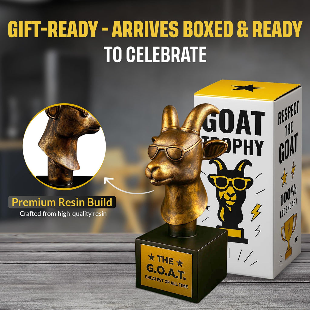 The Goat Trophy Award - Greatest of All Time Funny Trophy for Winners with Golden Engraved Plate - Perfect for Competitions, Office and Party Winners - Unique Goat Decor