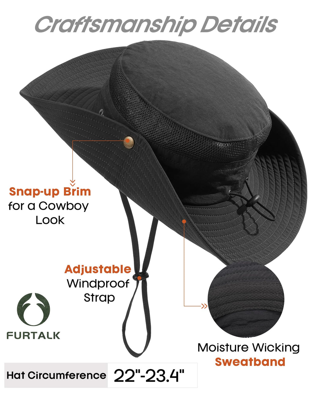 FURTALK Sun Hats for Men Women Fishing Hat UPF 80+ Breathable Wide Brim Hiking Summer UV Protection Bucket Hats Black