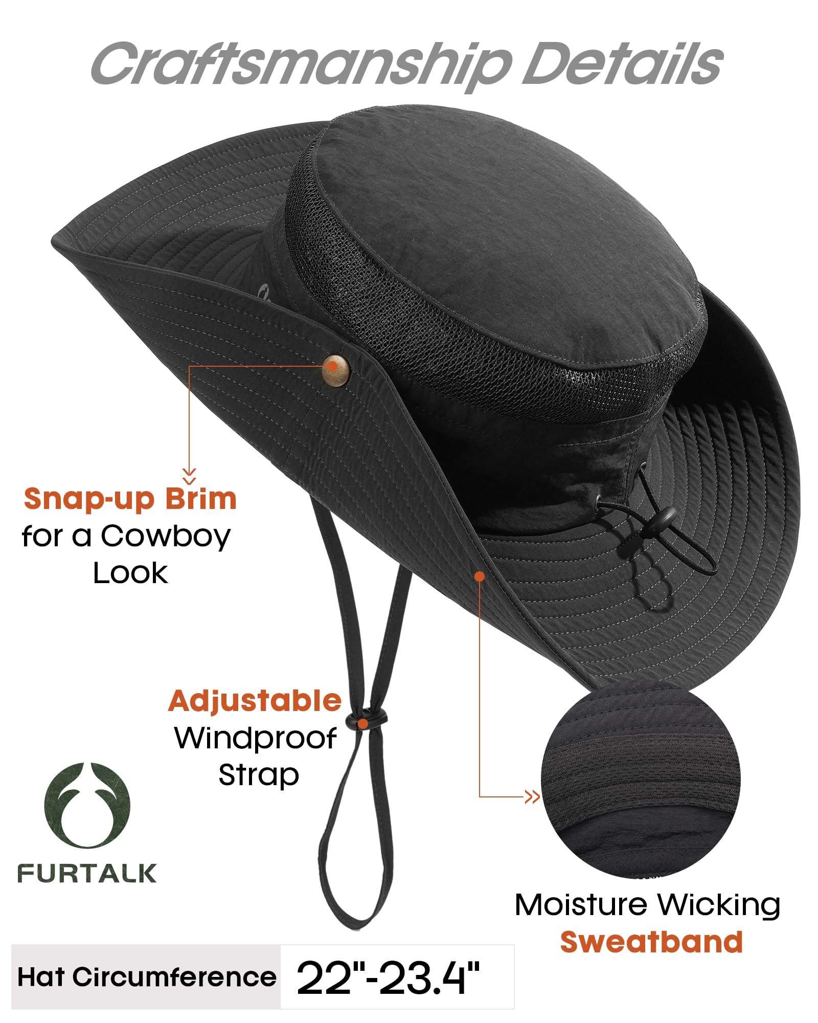 FURTALK Sun Hats for Men Women Fishing Hat UPF 80+ Breathable Wide Brim Hiking Summer UV Protection Bucket Hats Black