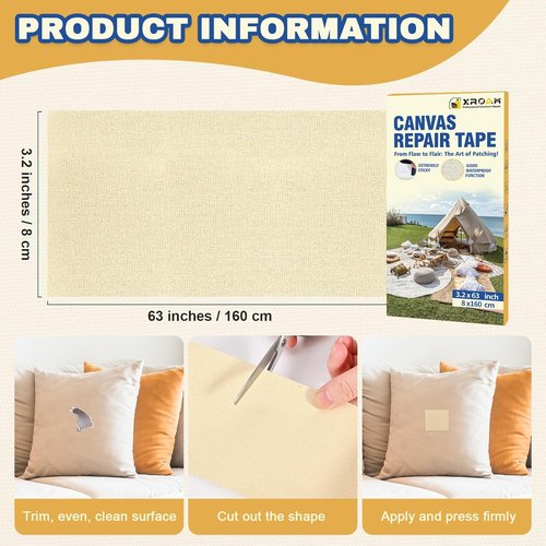 Canvas Repair Tape - 3.2 x 63 Inch Waterproof Heavy Duty Fabric Tape for Furniture & Outdoor Use | Khaki