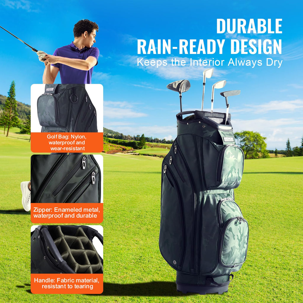 VEVOR Golf Cart Bag with 14 Way Organizer Divider Top, Premium Cart Bag with Stand, Durable Golf Bags with Handles & Dust Cover & Detachable Dual Strap for Men & Women (Army Green, 10 Pockets)