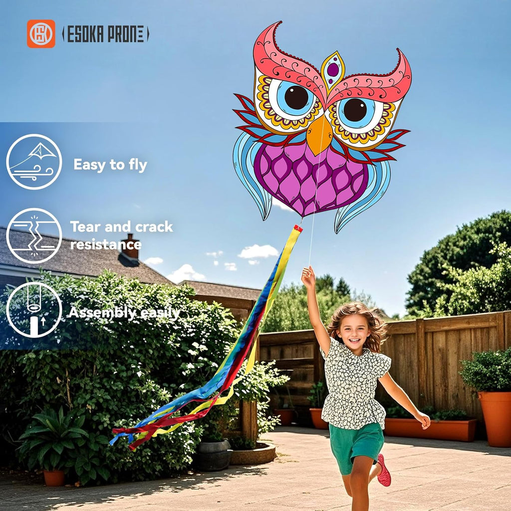 Skiennix Kites for Kids & Adults - Easy to Fly Beach Kites with 328ft String | Fun Gift for Ages 4-8 (Purple Owl, Grassland, Octopus)