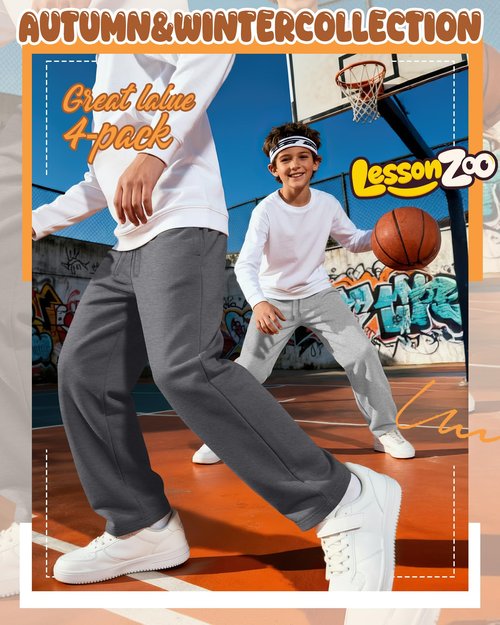 LessonZoo 4 Pack Boys Baggy Sweatpants Straight Leg Open Bottom Casual Pants Basic Elastic Waist Athletic Kids Joggers(Dark Gray, Light Gray, Gray, Black,Large)