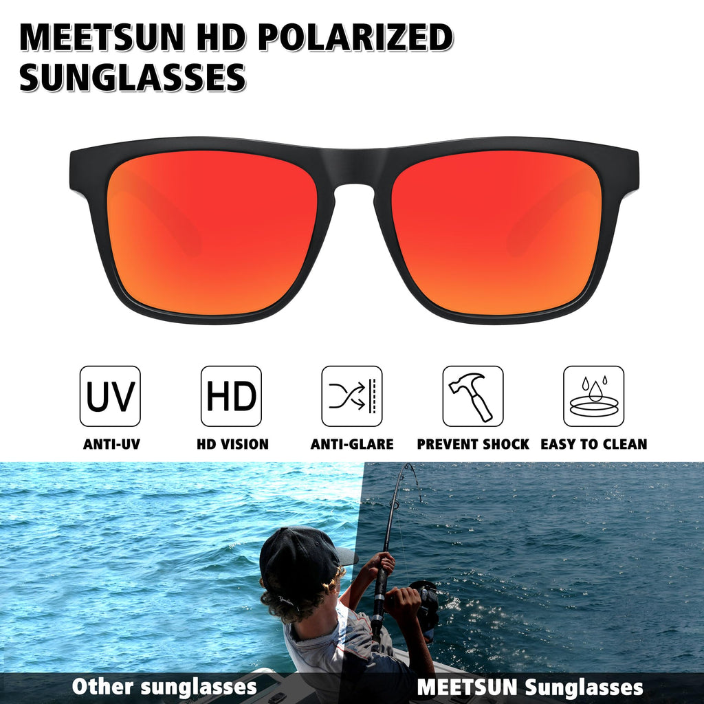 MEETSUN Polarized Sunglasses For Men Women UV Protection Square Frame Sport Fishing Driving Sunglasses (3 Pack) Black/Ice blue/Red