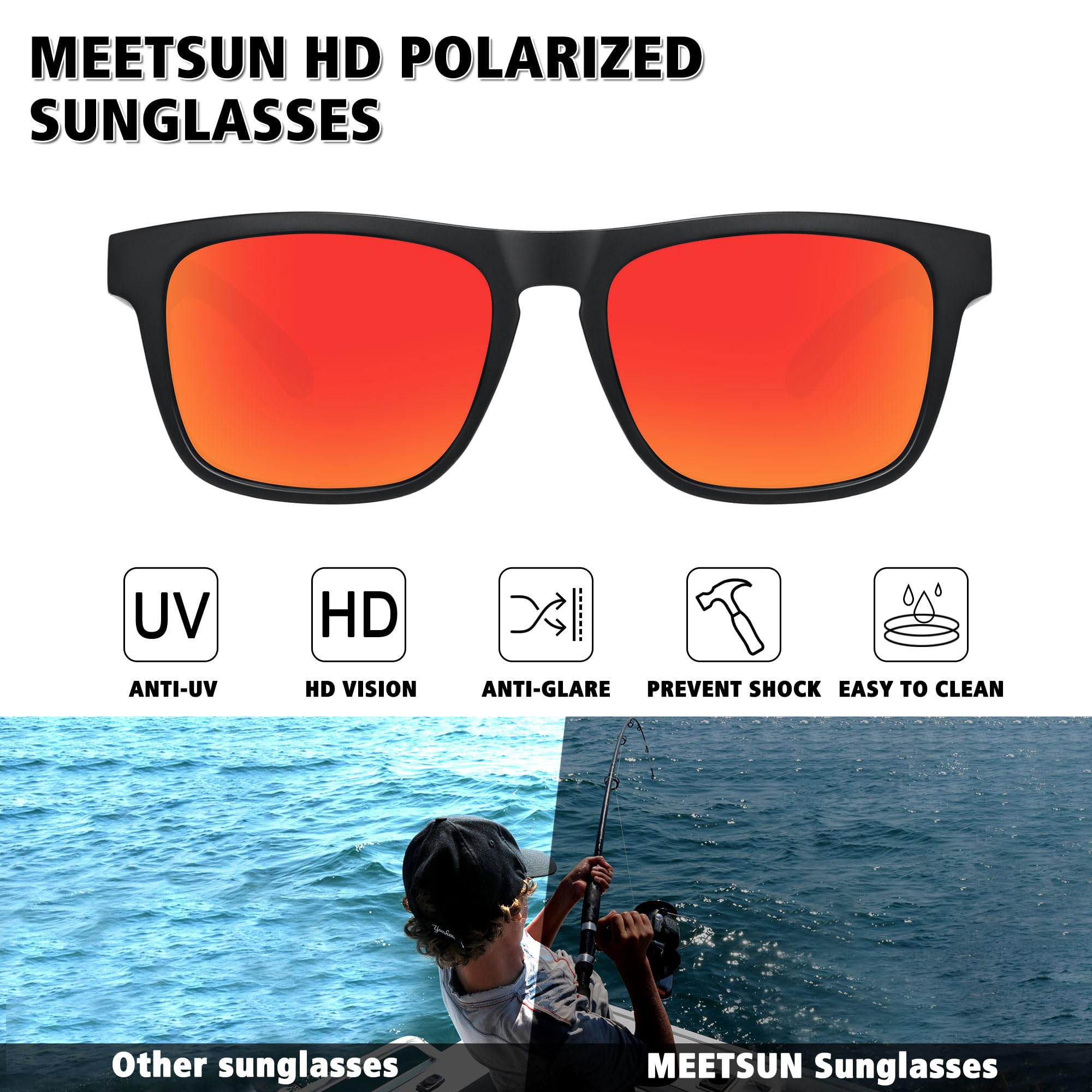 MEETSUN Polarized Sunglasses For Men Women UV Protection Square Frame Sport Fishing Driving Sunglasses (3 Pack) Black/Ice blue/Red