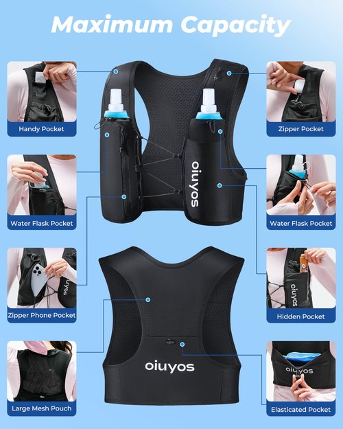 Oiuyos Running Vest for Women Men - USA Design - Adjustable Chest Straps Running Hydration Vest with 500ml Soft Flask - Lightweight Reflective Hydration Backpack