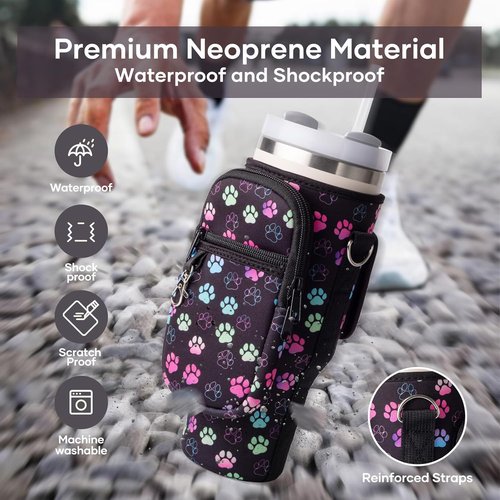 Linmaya Water Bottle Carrier Bag - Insulated Neoprene Holder with Phone Pocket | Adjustable Strap for Stanley Cup 40/30oz (Black Paw)