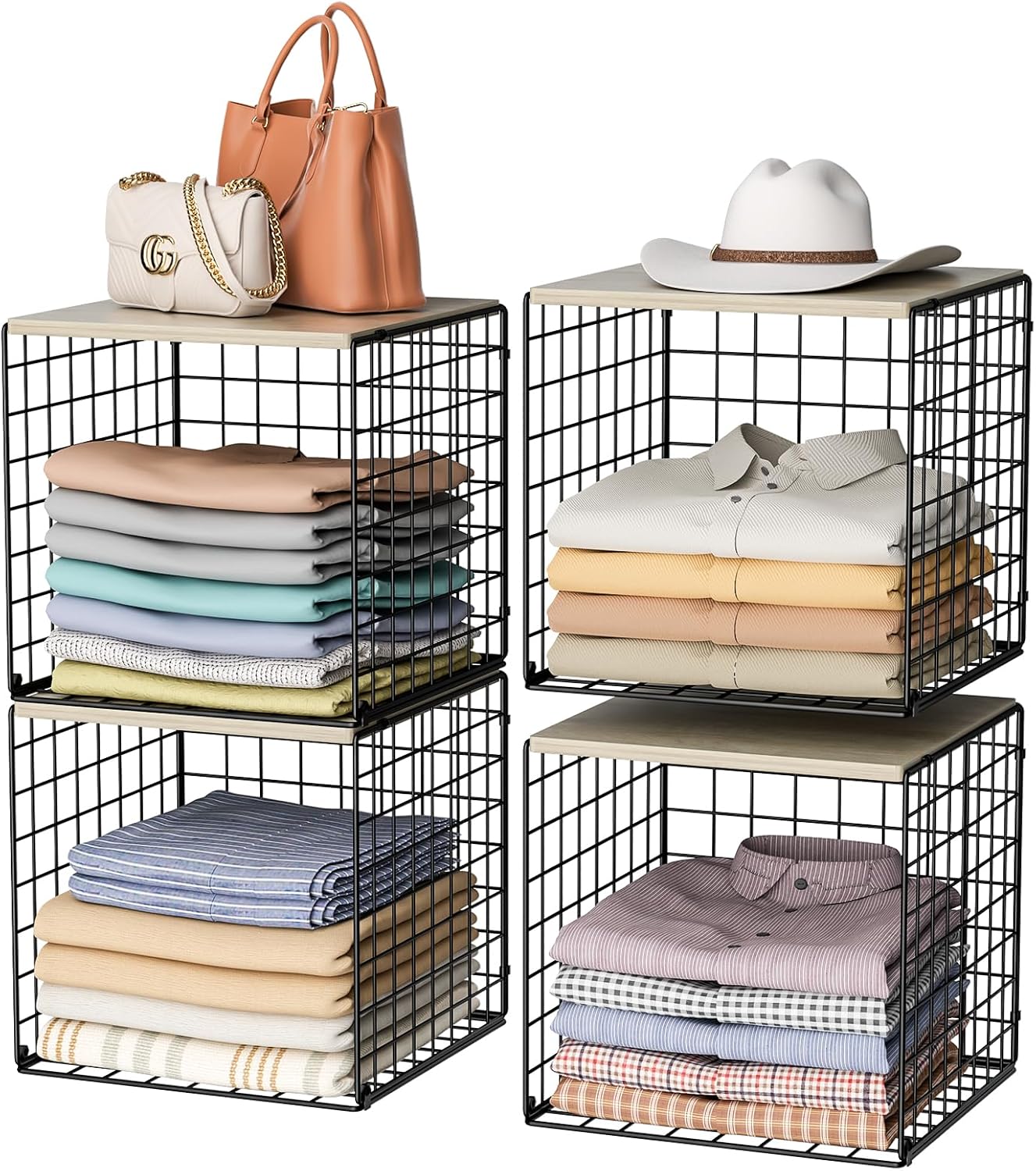 Skiennix 4-Tier Stackable Closet Organizer - Space-Saving Storage Baskets with Wood Top | Black
