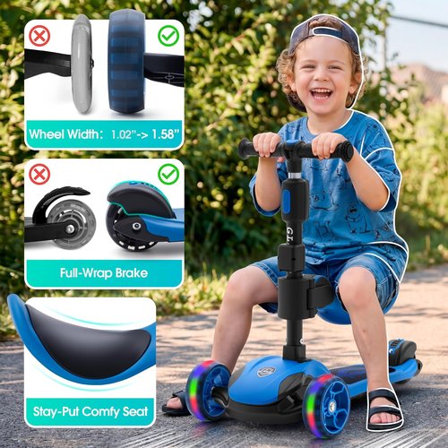 GLAMUP Kids Scooter - 2-in-1 Folding Kick Scooter with Adjustable Height & Safety Lock | 3-Wheel Design for Ages 3-14