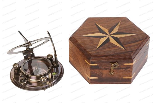 US HANDICRAFTS Vintage Brass Sundial Compass – Engraved Navigation Instrument with Wooden Case & Calendar – Baptism Gift for Son, Loved Ones, Camping & Hiking