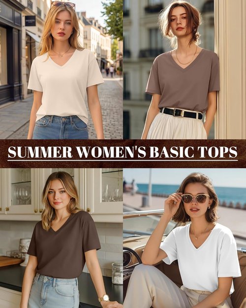 Huukeay Women's V-Neck Basic Tees - 5 Pack Comfortable Short Sleeve T-Shirts | Solid Colors for Summer