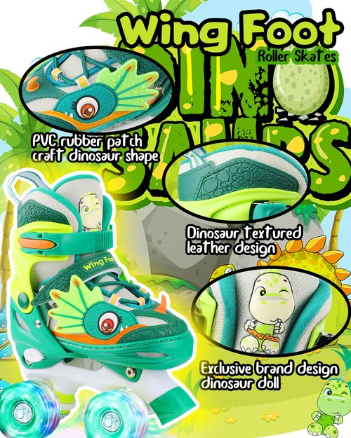 Dino Kids Toddler Roller Skates for Boys Girls,WESKIFAN Dinosaur Quad Skating Shoes with Shiny Light up Wheels&Adjustable Sizes Beginners rollerskates for Birthday Xmas Gifts (Green, S(10~13J))