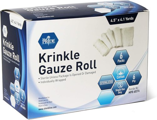 Med Pride Sterile Krinkle Gauze Rolls - Highly Absorbent 6-Ply Cotton Wound Dressing | 4.5'' x 4.1 Yards (6 Rolls)