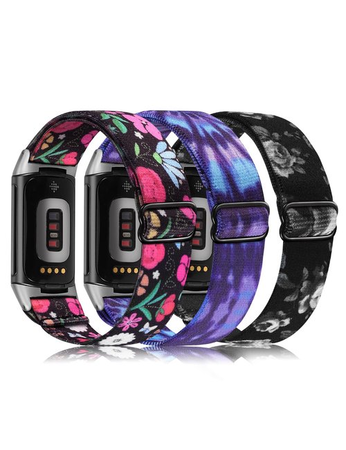 Wearlizer 3 Packs Adjustable Elastic Band Compatible with Fitbit Charge 6 Bands/Charge 5 Bands for Women Men, Stretchy Loop Strap Soft Nylon Sport Wristband Accessories for Charge 6/5 Fitness Tracker