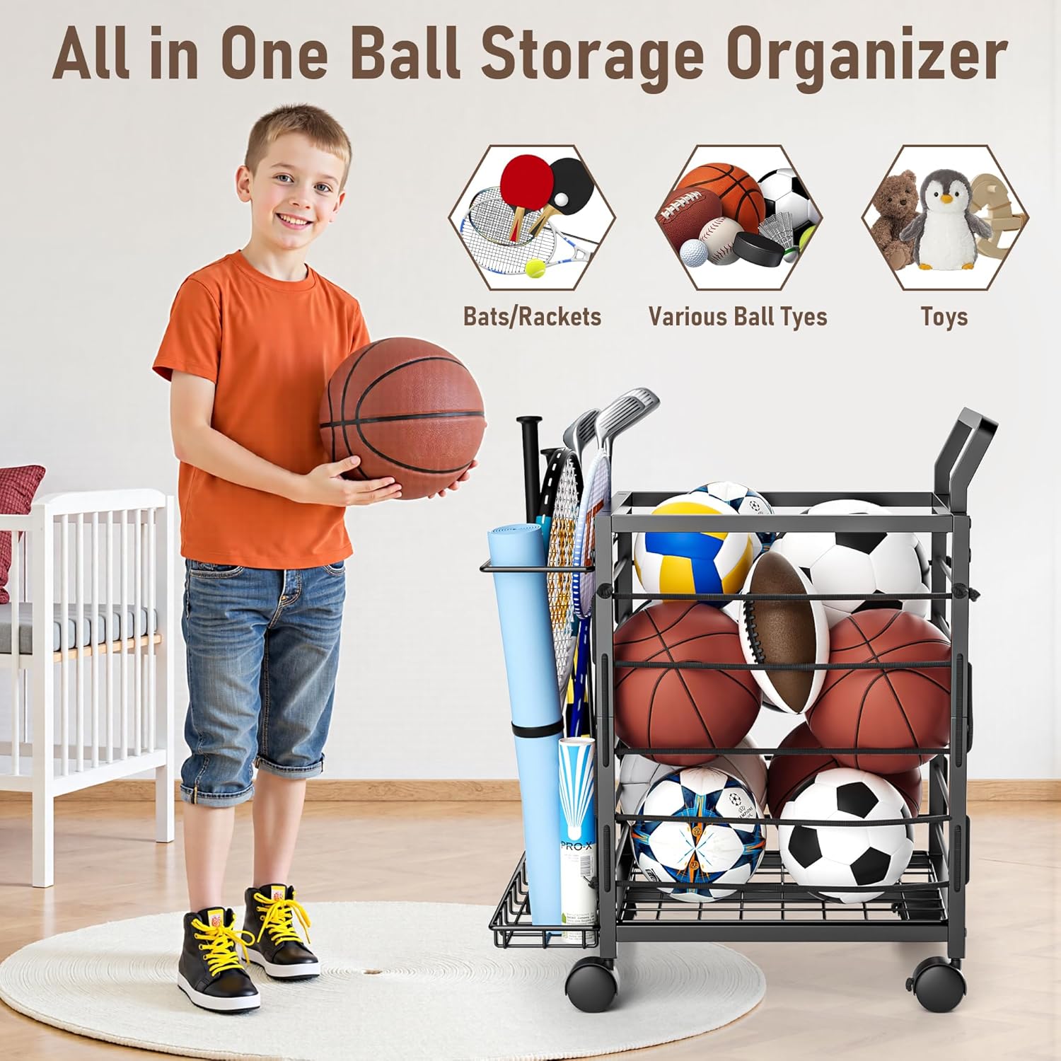 Skiennix Sports Equipment Garage Organizer - Upgraded Ball Storage Rack with Wheels | Black
