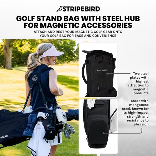 Stripebird Golf Stand Bag with Hub for Magnets (Black) - 4 Way Full-Length Dividers Golf Club Bag - 5 Pockets - Flexfit Rotatable & Adjustable Dual Straps - Rain Hood - Lightweight Golf Bag Stand