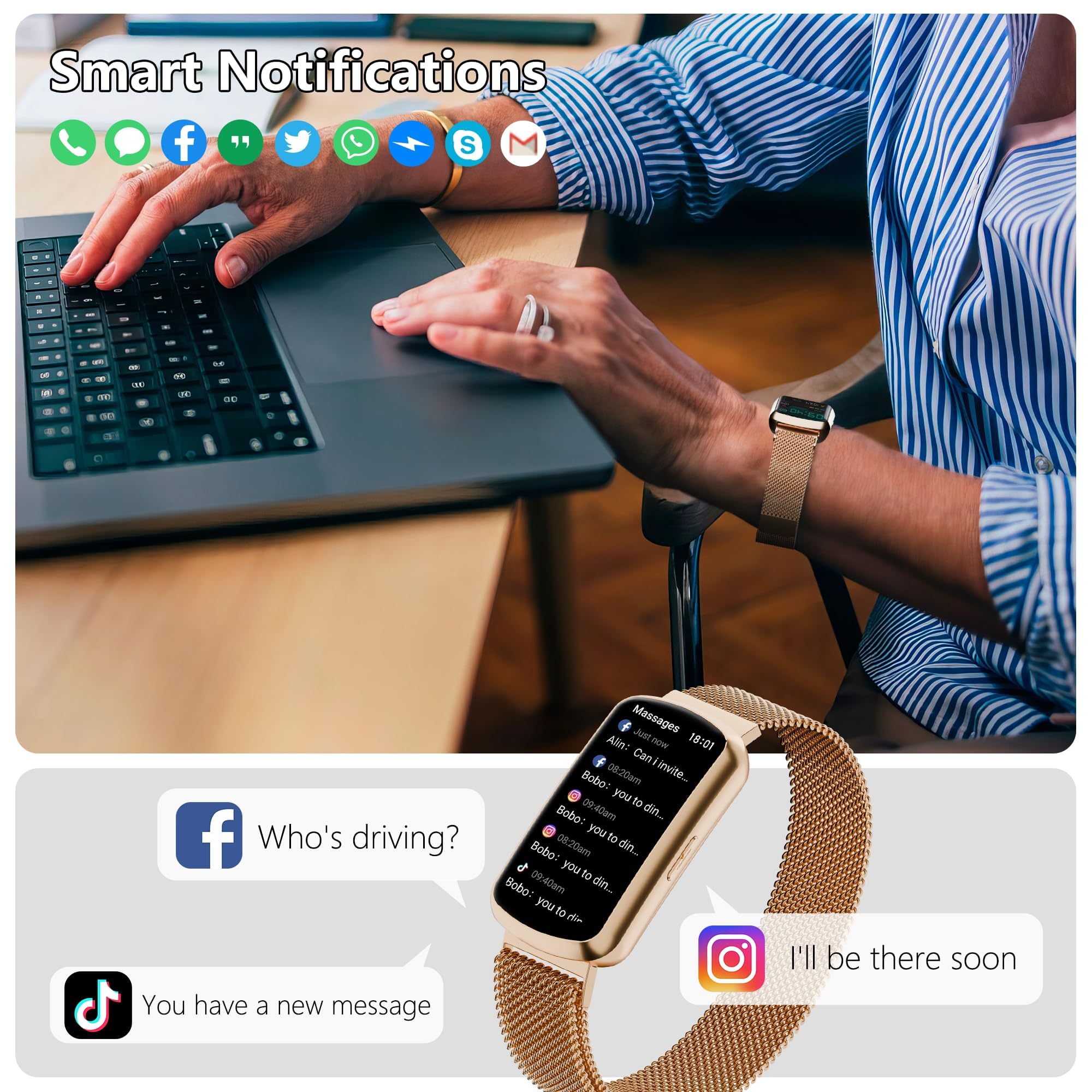 Health Fitness Tracker, Smart Watch with 24/7 Heart Rate, Activity Tracker with Blood Pressure and Blood Oxy-gen Monitor, 120 Sport Mode Waterproof Sleep Tracker for Women Men (Pink Gold)