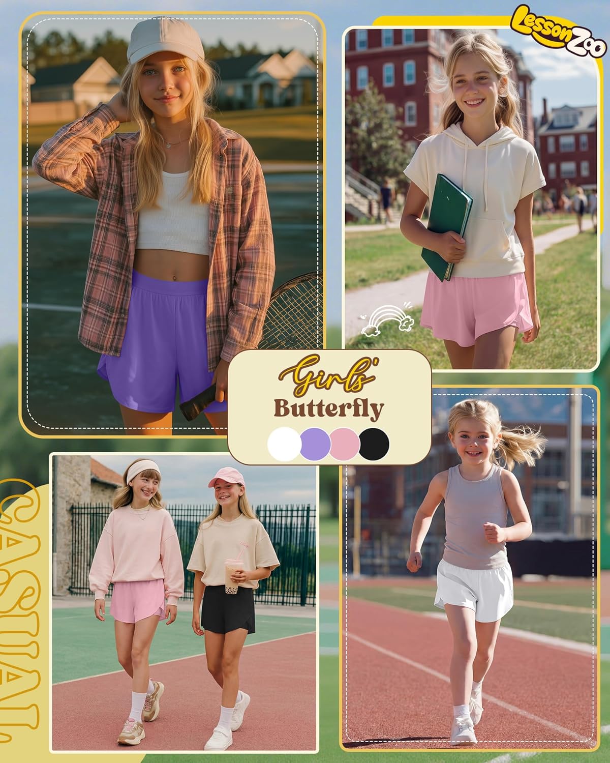 Skiennix Girls' Athletic Shorts - 2 in 1 Flowy Butterfly Skirts | Quick Dry High Waist with Pockets, 4 Pack