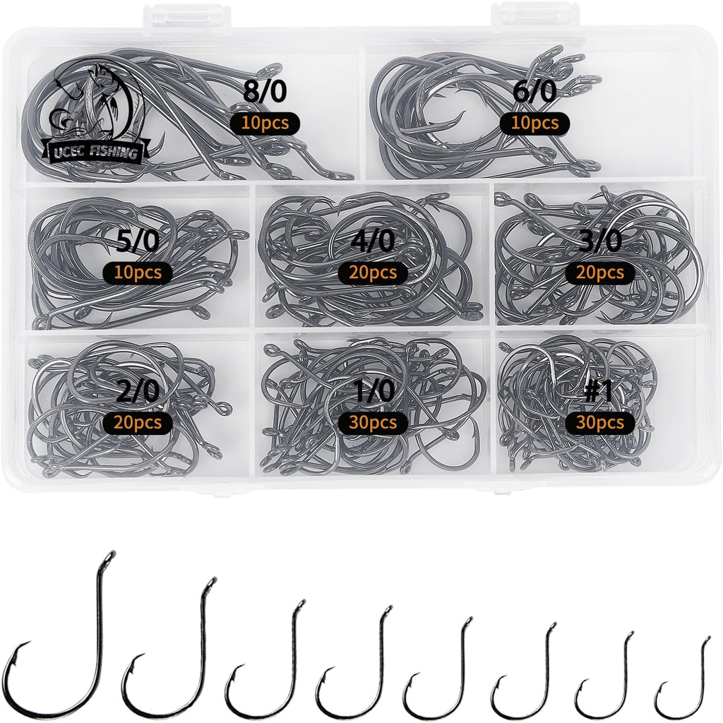 UCEC Circle Hooks - 2X Strong Offset Fishing Hooks for Saltwater | High Carbon Steel, 150/240pcs, Sizes #1-8/0