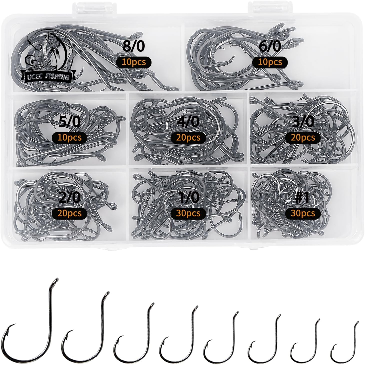 UCEC Circle Hooks - 2X Strong Offset Fishing Hooks for Saltwater | High Carbon Steel, 150/240pcs, Sizes #1-8/0