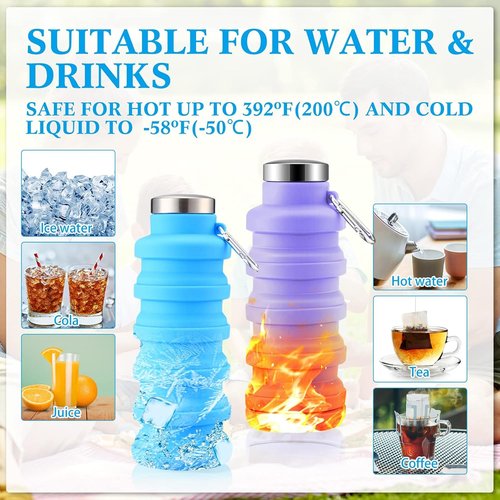 Lallisa Collapsible Water Bottles - 17 oz Reusable Silicone | Portable Leak-Proof Design for Travel & Outdoor Activities (Blue, Purple, Gray, Green)
