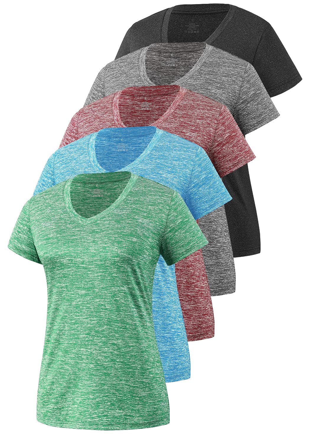 Cosy Pyro Women's Short Sleeve V-Neck Athletic T-Shirt Exercise Yoga Tees Dry Fit Gym Shirts Moisture Wicking Workout Tops Pack of 5 Black/Gray/Wine/Blue/Green S