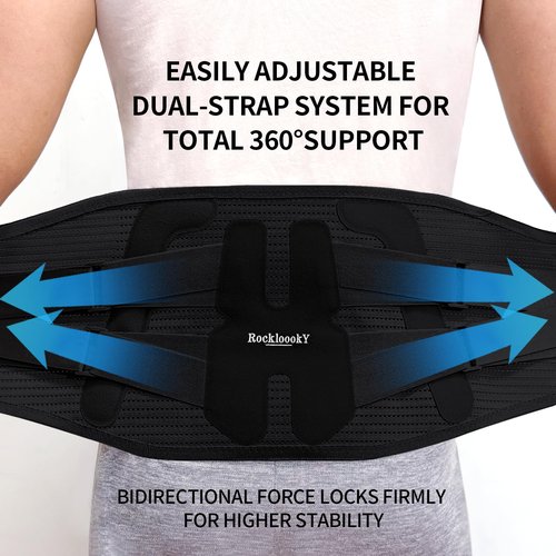 RockloookY Lower Back Brace for Women Men, Adjustable Lumbar Support with Ergonomic Metal Stays for Work,Lifting,Drive,Fitness, Breathable Fabric Support Belt with 3D Pad,Black,Size XXL,Waist 52"-62"