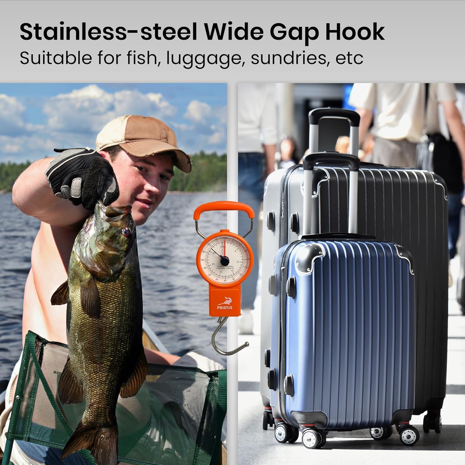 Pristis Fishing Hanging Scale - 80 LBs Analog Spring Hook with Tape Measure & Non-Slip Handle | Portable Gear for Farm & Kitchen