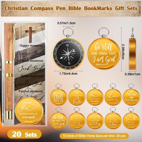 Spakon 50 Sets Christian Gifts for Men Religious Baptism Church Inspirational Bible Verse Engraved Compass Bamboo Pen Bookmark Christmas Christian Gifts for Pastor Father Sunday School (Natural)