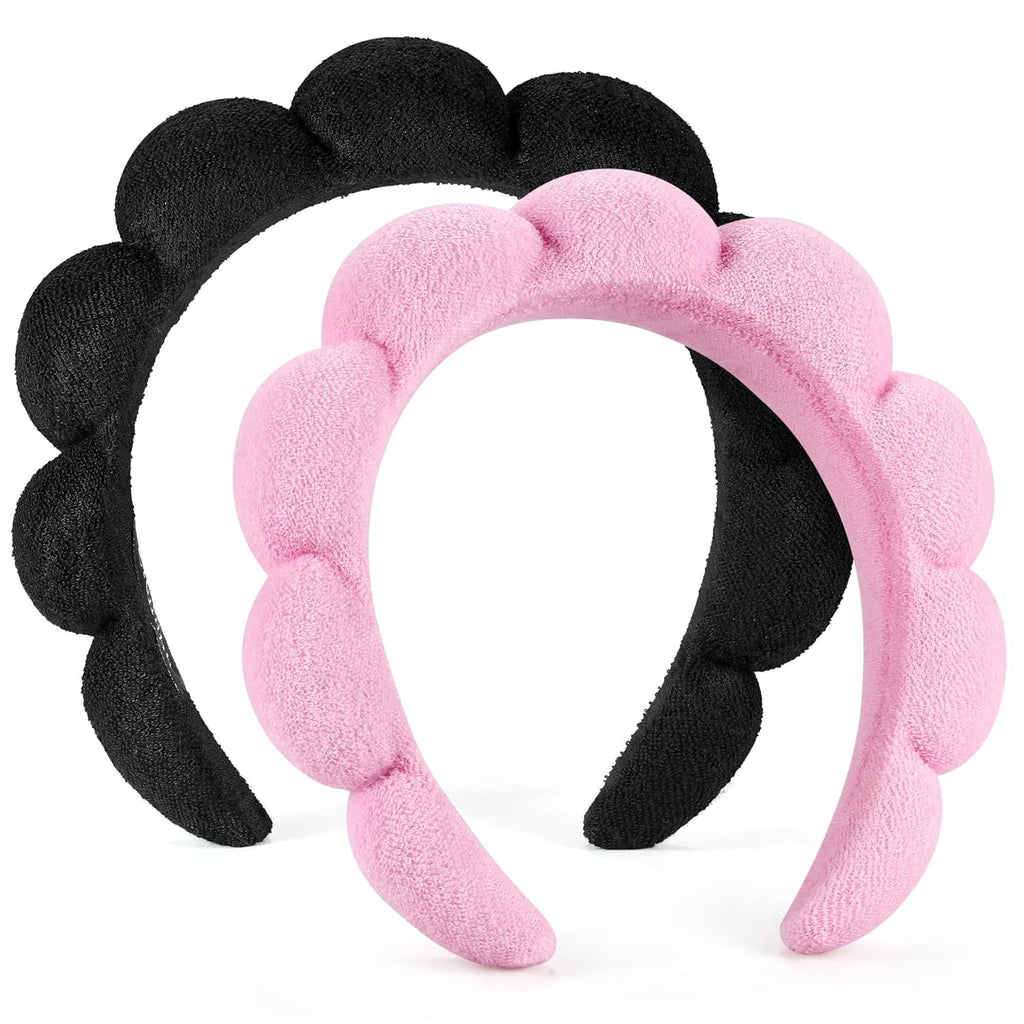 Ztomine Spa Headbands - Set of 2 Terry Cloth Skincare Headbands for Washing Face | Black & Pink