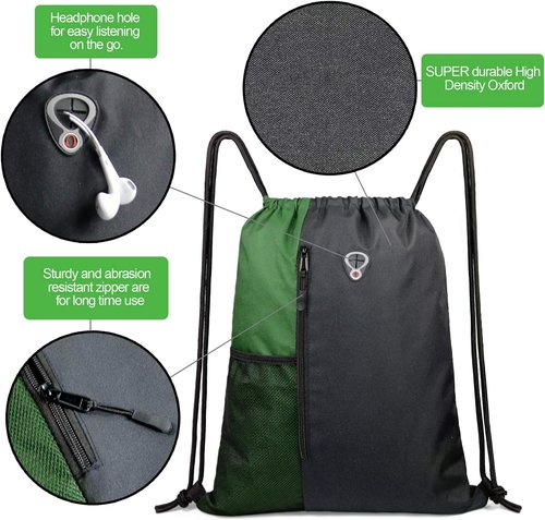 BeeGreen Drawstring Gym Backpack - Large Cinch Sackpack with Zipper & Water Bottle Pockets | Black/Green