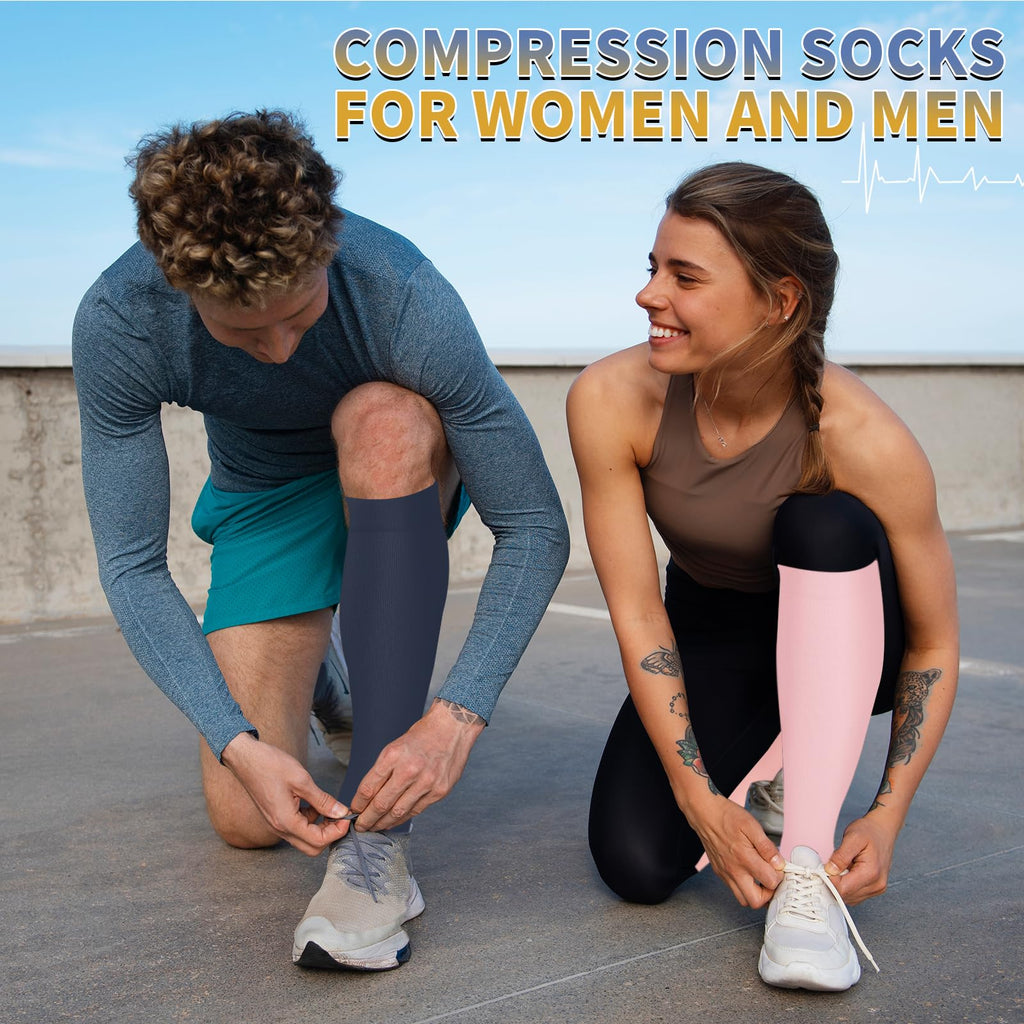 Sooverki Compression Socks for Men & Women Circulation 8 Pack 15-20mmHg - Knee High Stockings Best Support for Wide Calf Bulk Gifts Running Black White Pink Navy Brown Nude Colorful