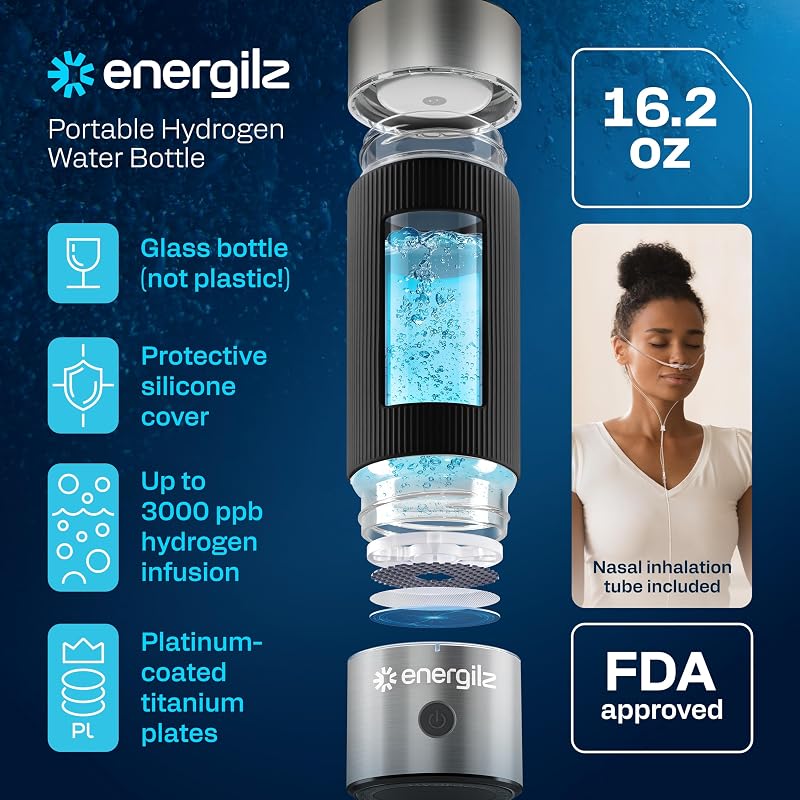 Hydrogen Water Bottle 16.2 oz with SPE/PEM Technology – Steel w/ Black, 3000 ppb Hydrogen Generator