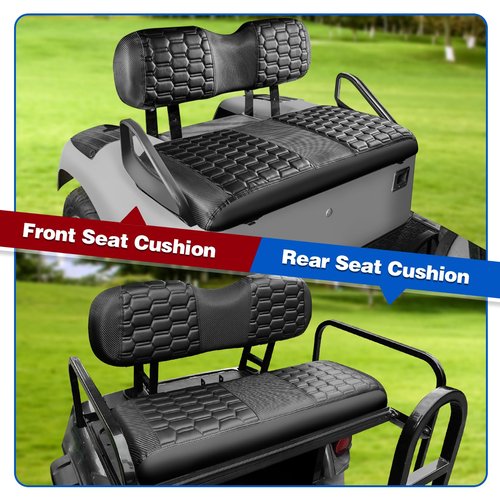 NOKINS Golf Cart Seat Covers Kit, 4PCS Front&Rear Seat Covers Fits for EZGO TXT 1994-2013/EZGO RXV Standard Seat Cushion, No Stapler, Golf Cart Accessories(Hexagon Carbon Fiber - Black)