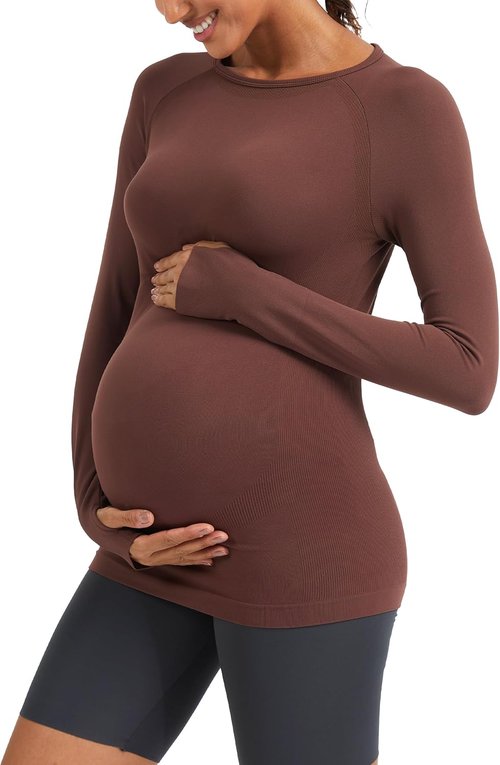 MathCat Seamless Maternity Shirts - Long Sleeve Athletic Tee for Pregnancy | Comfortable Casual Wear