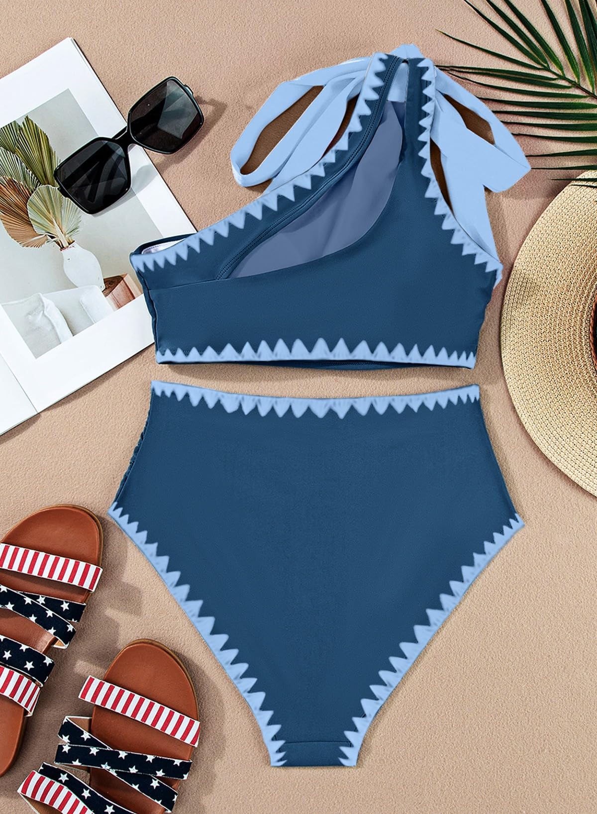 Herseas High Waisted Bikini Sets 2 Piece Swim Suits for Women One Shoulder Tie Swimsuit Wire Free Crocheted Trim Bathing Suit Blue Beach Vacation Essentails Medium