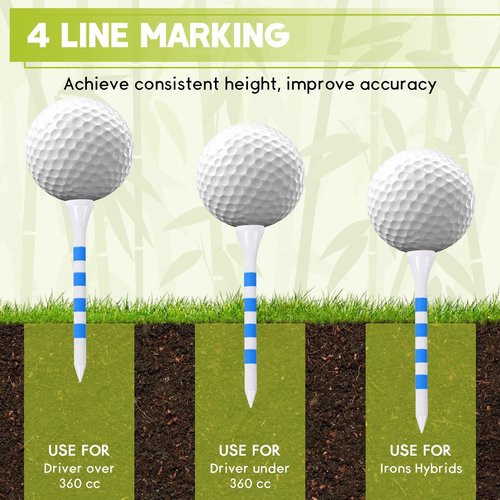 weyleity Bamboo Golf Tees 200 Pack 2-3/4 inch Length | 4 Line Marking Natrual Biodegradable Bamboo Golf Tees, Sturdy and Stable Golf Tees (White/Blue, 2-3/4")