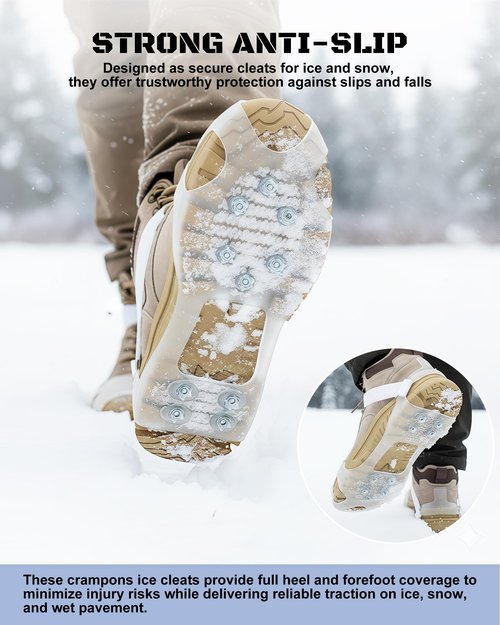 White Translucent Ice Cleats with 10 Steel Spikes,Crampons for Shoes and Boots,Anti Slip Crampons for Hiking,Snow & Ice Walking,Climbing,Jogging,Ice Fishing (Large)