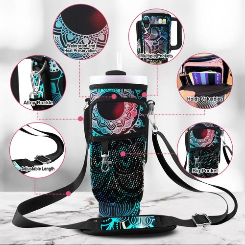 LAOTANGJIA Stanley Cup Bag with Strap Indian Hippie Bohemian Water Bottle Holde 40oz Tumbler Carrier with Strap Water Bottle Carrier Bag with Phone Pocket Stanley Cup Accessories Mandala Flower