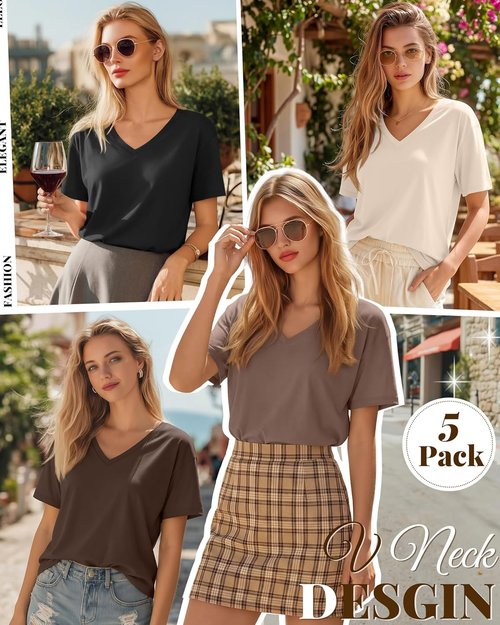 Huukeay Women's V-Neck Basic Tees - 5 Pack Comfortable Short Sleeve T-Shirts | Solid Colors for Summer