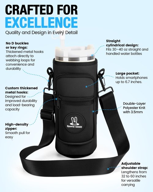 Sports rabbit Water Bottle Holder with Strap – Universal Fit for 40oz Bottles – Compatible with Stanley, Owala, Hydro Flask – Large Pocket, Adjustable Crossbody Strap for Gym, Office, Outdoor (Black)