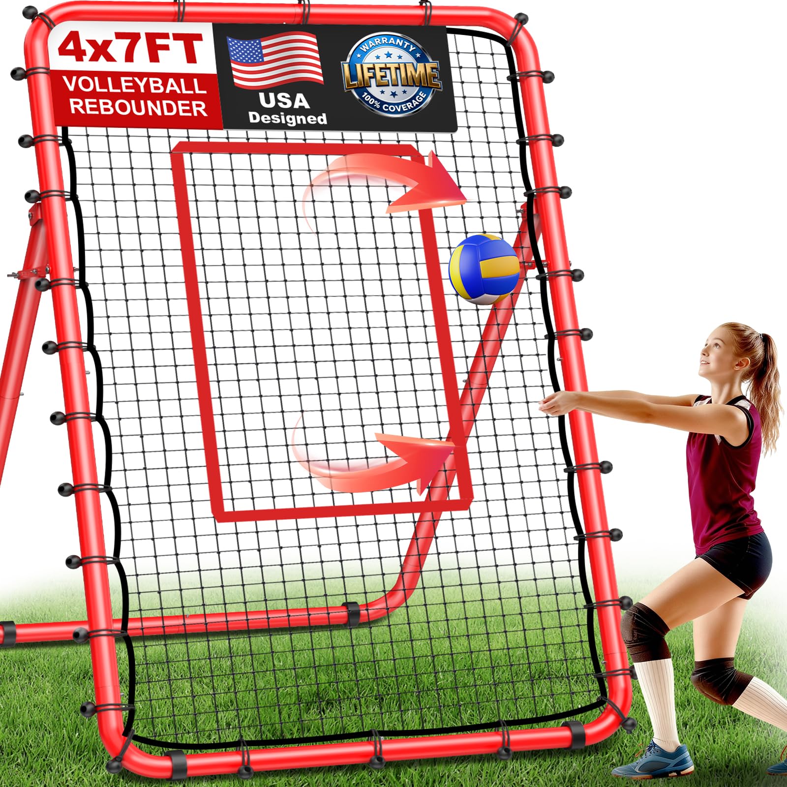 TomCare 7x4FT Volleyball Rebounder Net Bounce Back Training Equipment with 5 Adjustable Angles Volleyball Practice Net for Bumping & Spiking Portable & Steady Indoor Outdoor Rebound with Sandbags