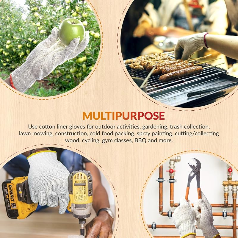 10 Inch Large Beige PolyCotton Work Gloves - Pack of 12, Elastic Wrist, Yellow Edge Line
