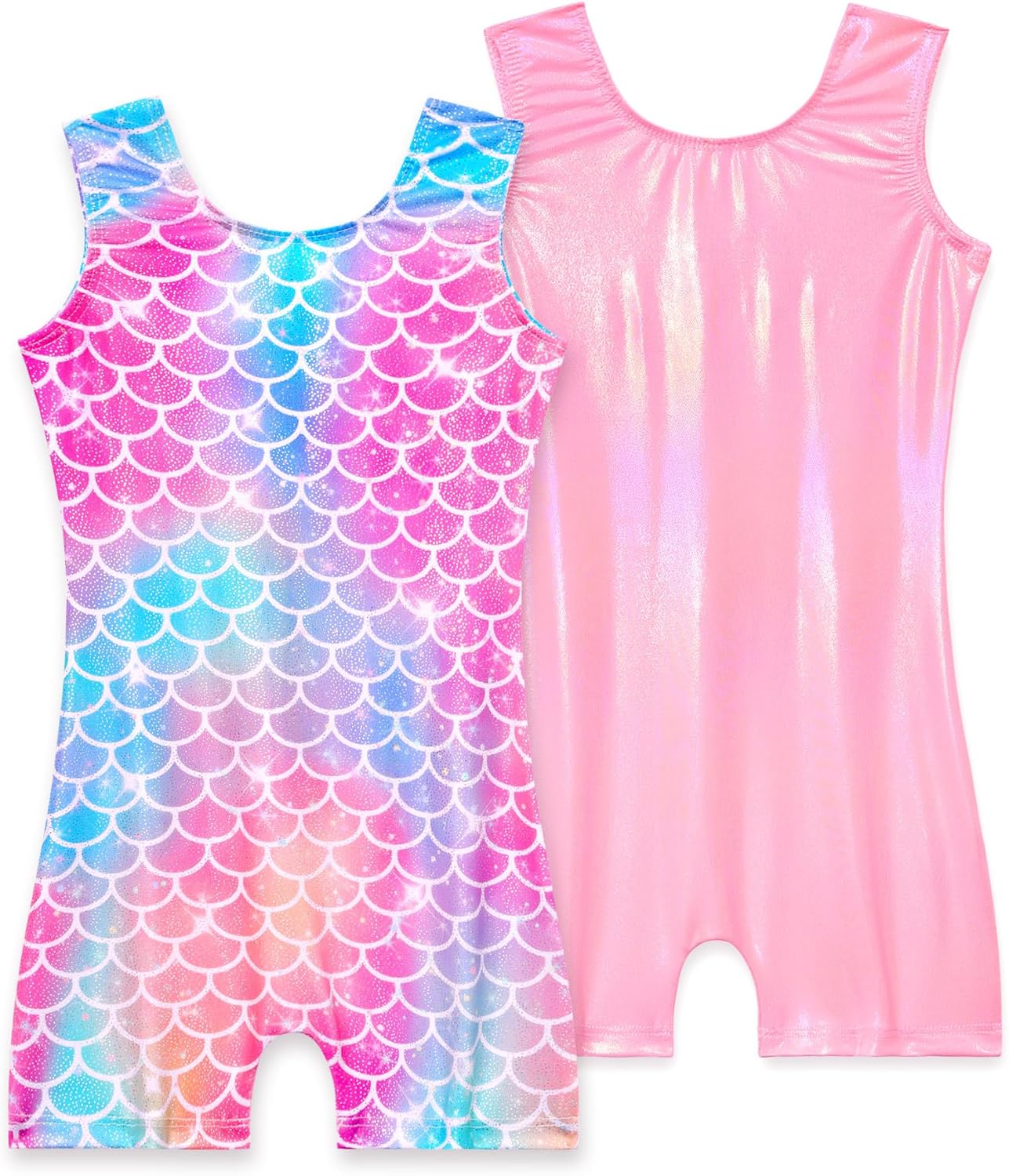 Skiennix Girls' Sparkly Gymnastics Leotard - 2 Pack Sleeveless Unitards with Shorts
