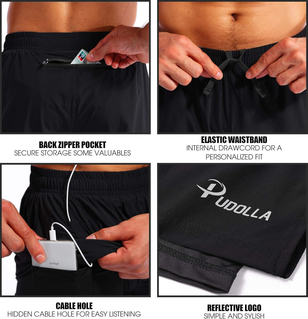 Pudolla Men's 2-in-1 Running Shorts - Quick Dry Athletic Gym Shorts with Phone Pockets | 5" Length